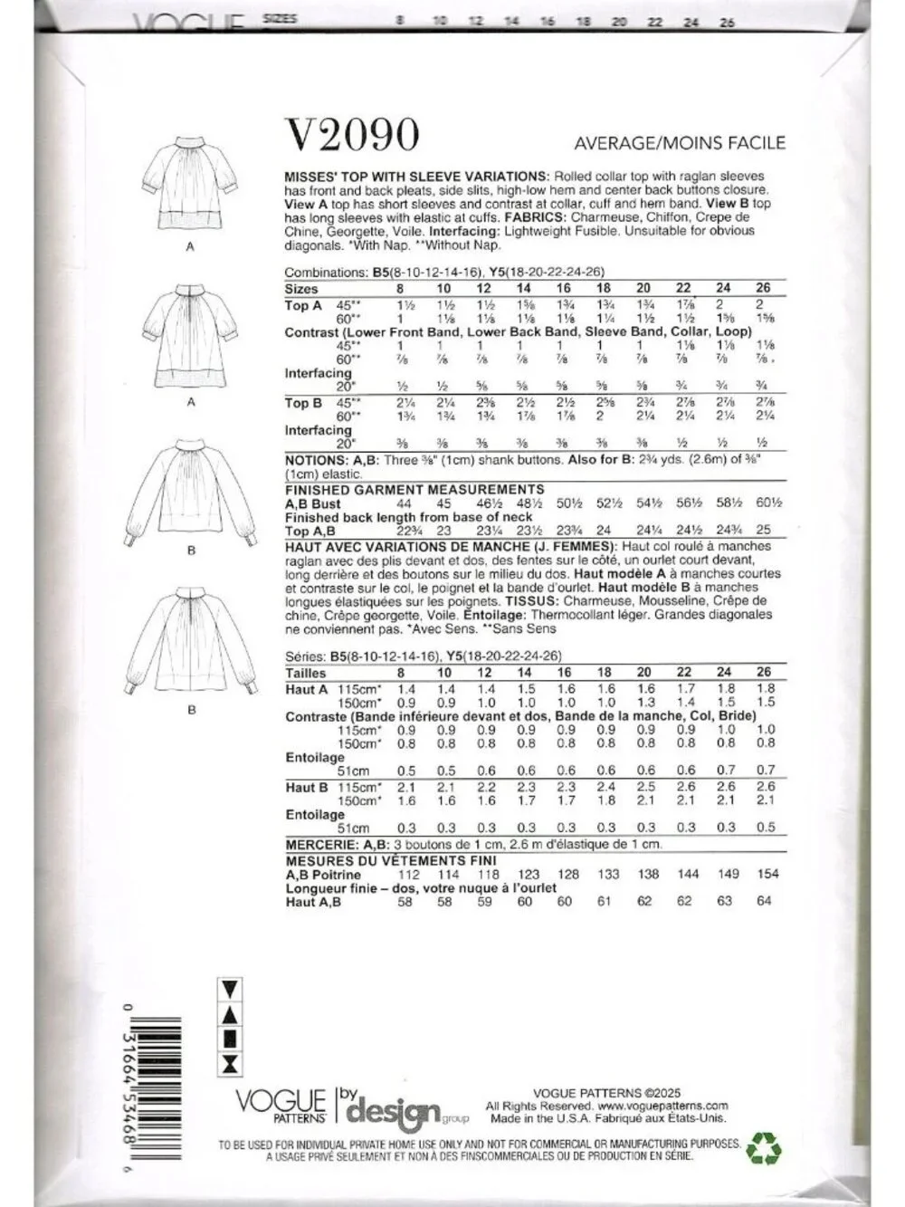 Vogue V2090 Misses 18 to 26 Raglan Sleeve Top Uncut Sewing Pattern